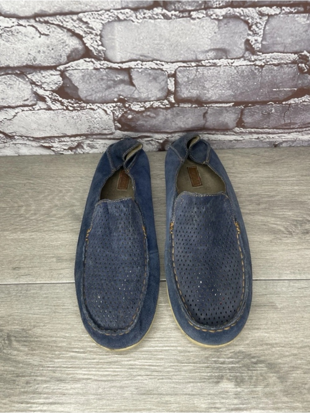 Olukai Nohea Perforated Blue Leather Slip On drop Loafers women sz 8.5M US/39EU